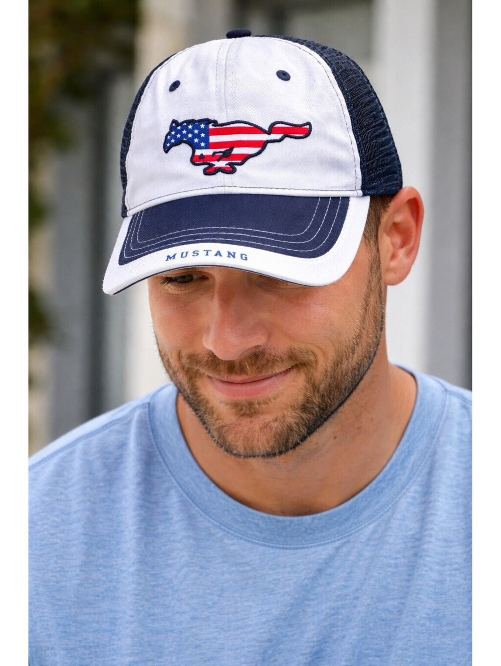 Ford Mustang Red White and Blue Patriotic American Flag Mesh Trucker Hat Cap.
